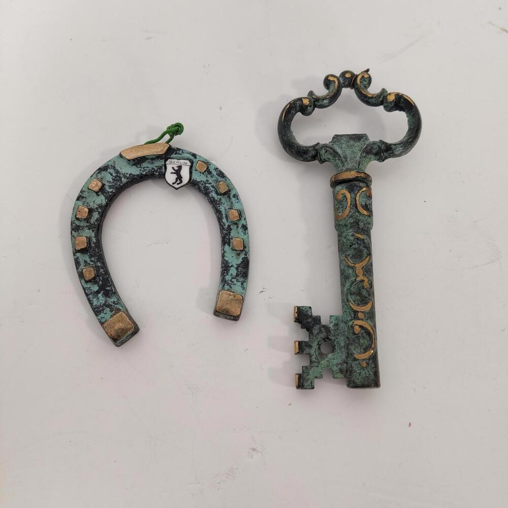 Vintage Cast Iron Key & Horseshoe Bottle Openers Verdigris Finish & Gold Accents